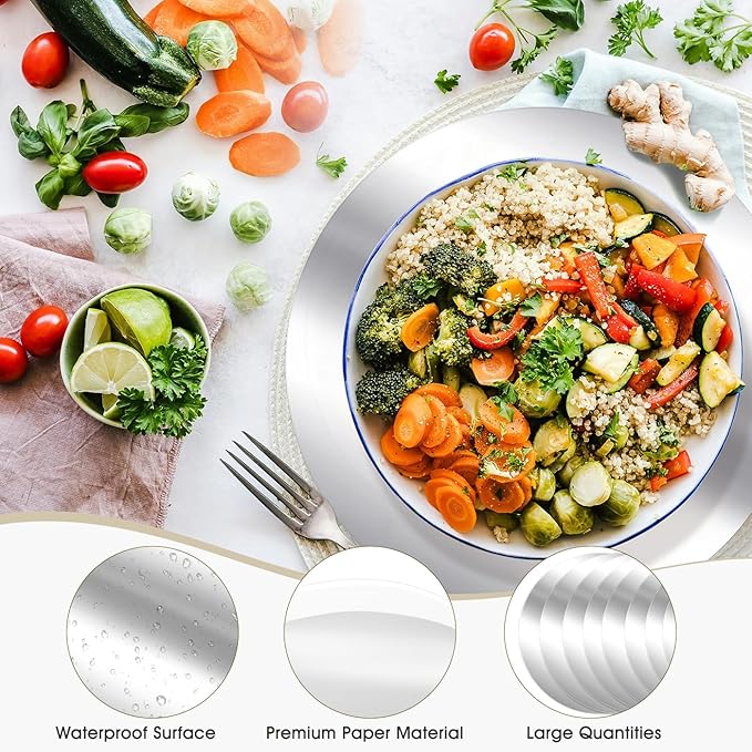 KesaPlan 100PCS Round Silver Placemats, 13" Disposable Paper Placemats for Dining Table, Mirrored Silver Charger Place Mat for Kitchen Banquet Table Setting Wedding Birthday Dinner Party Decor