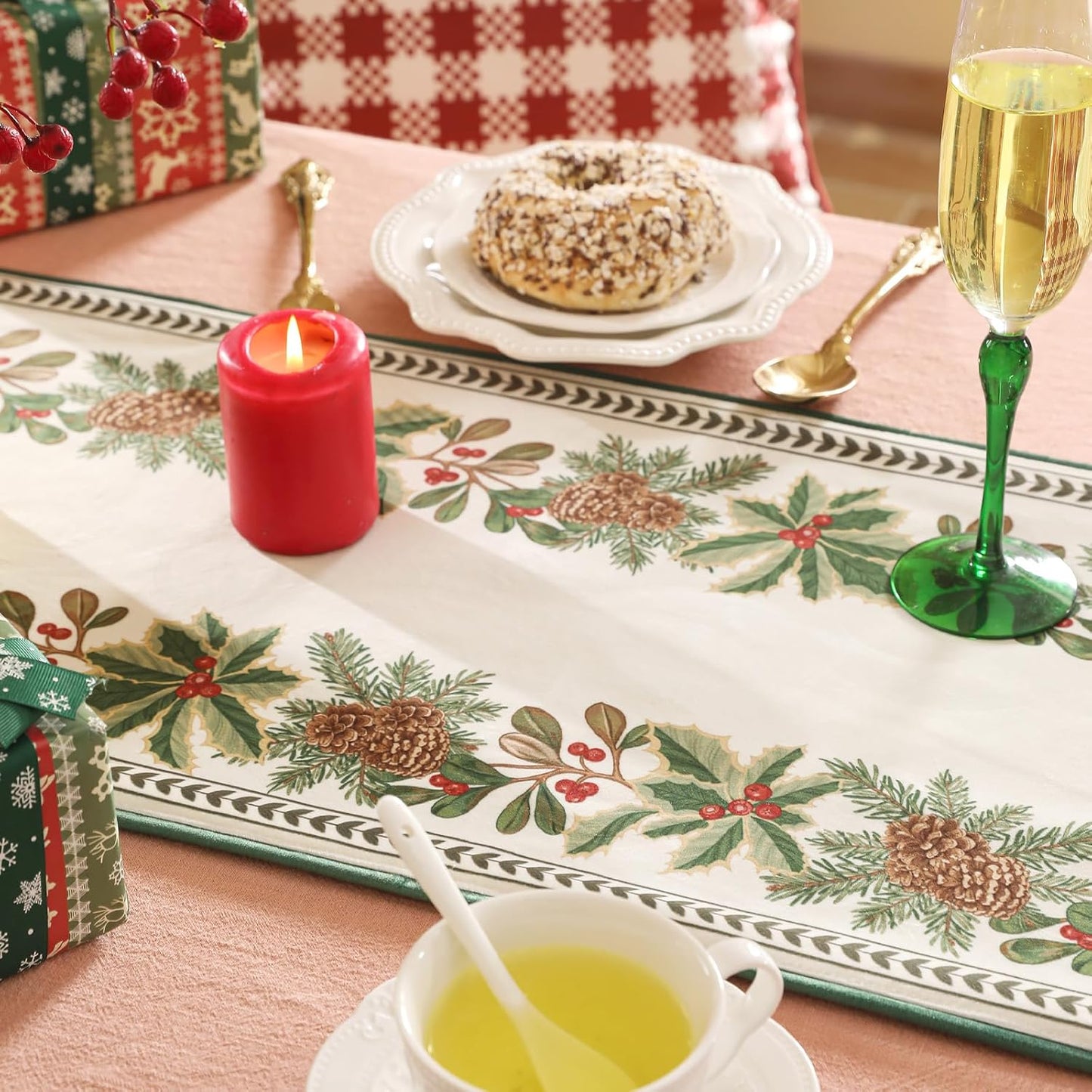 ISAENNE Designer Luxury Velvet Light Beige Christmas Table Runner 102 Inches Long,Farmhouse Pine Cone Pattern Decor Table Runners for Dining Tables,Thanksgiving,Kitchen Tables,12"*102"-Carol G