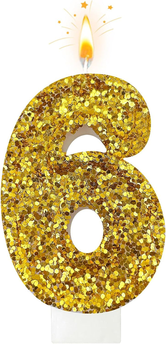 Birthday Number Candles, Glitter Number Candle Cake Decorations with Sequins, Cupcake Decorations for Girls, Women, Party Anniversary Celebrations (Number 6, Golden)