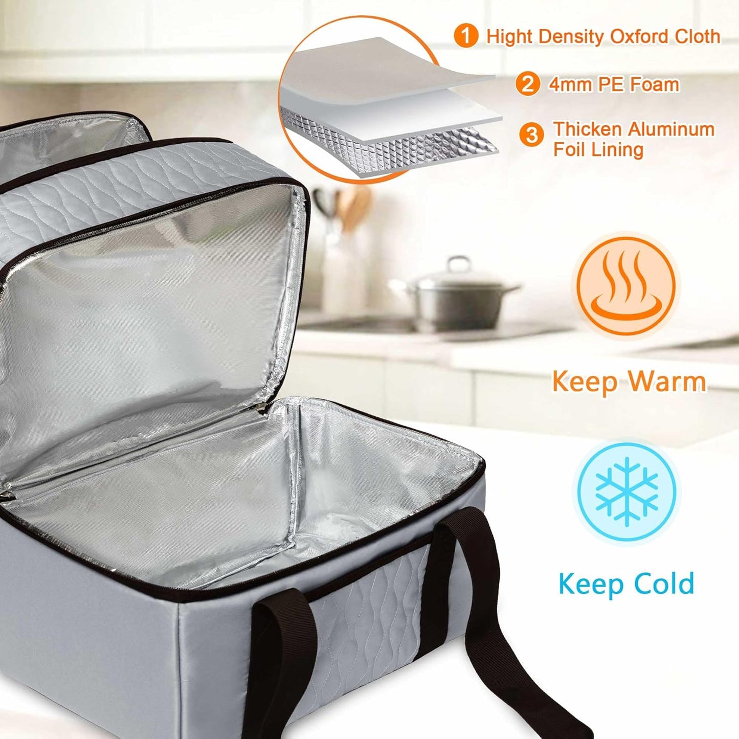Trunab Insulated Casserole Carrier Bag for Hot Food, Double Deck Food Containers, Fit 9x13 Foil Pan, Baking Dish, For Picnic Cookouts, Potluck Parties, Beach