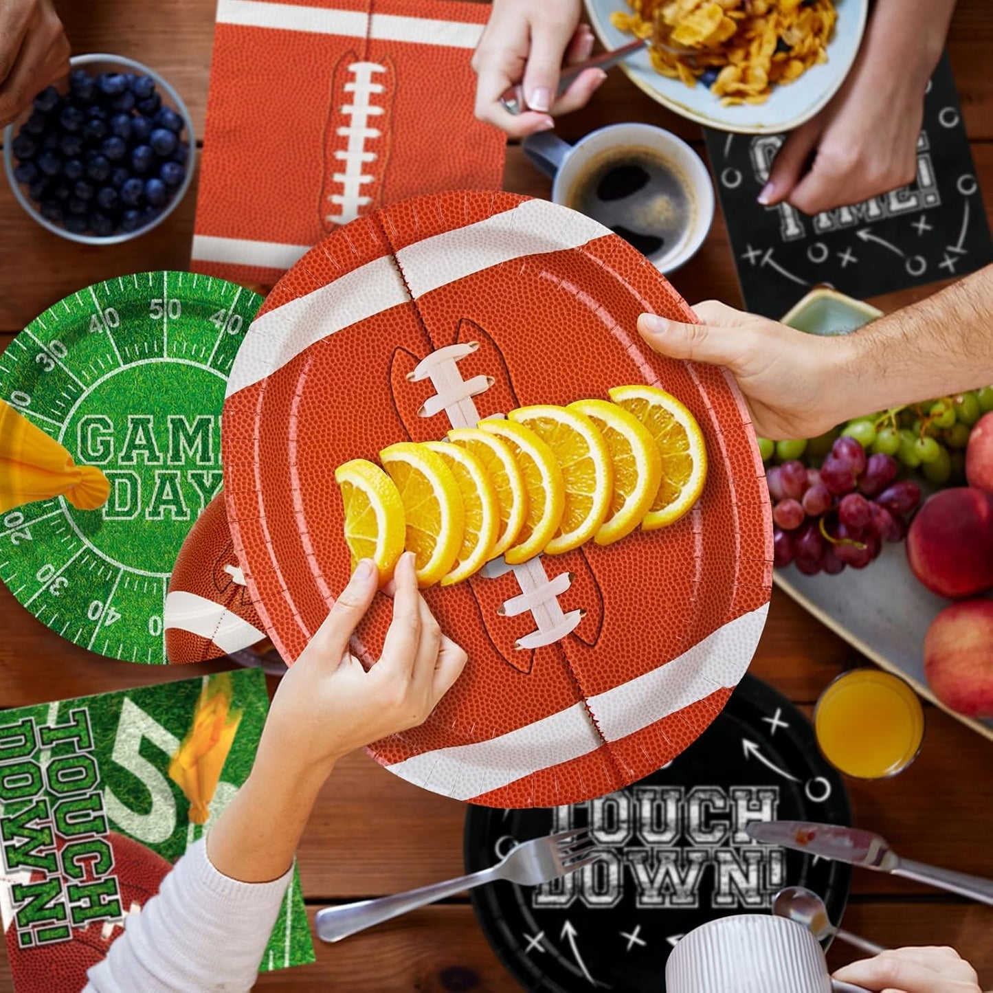 Gatherfun Football Party Supplies Kit for 24 Guests - Includes Large 12.5in Plates, Dessert Plates, Napkins, Cups, Banner and Touchdown Tablecloth - for Football Tailgate Party Decorations