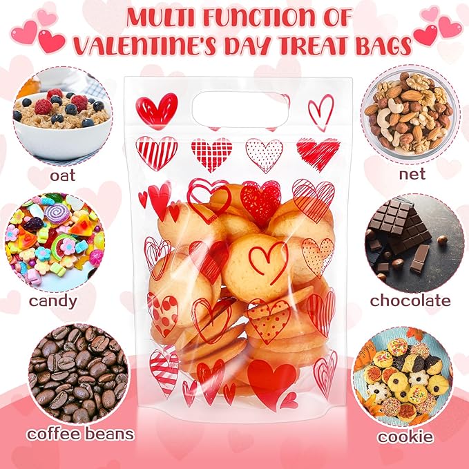 Blosssound 50 Pcs Valentine's Day Gift Bags Red Valentines Zipper Plastic Bags Reusable Red Heart Pouch with Handles Galentines Day Pouch for Classroom Wedding Birthday Party Favor