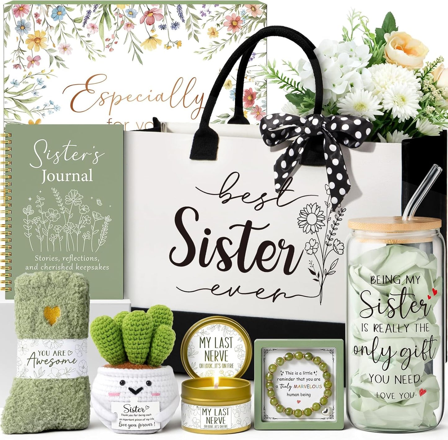 Best Sisters Gifts from Sister, Christmas Gifts for Sisters Birthday Gift from Brother, Funny Sister-in-Law Unique Soul Sis Gift Basket for Best Friends with Canvas Tote Bag 16Oz Can Glass Cup