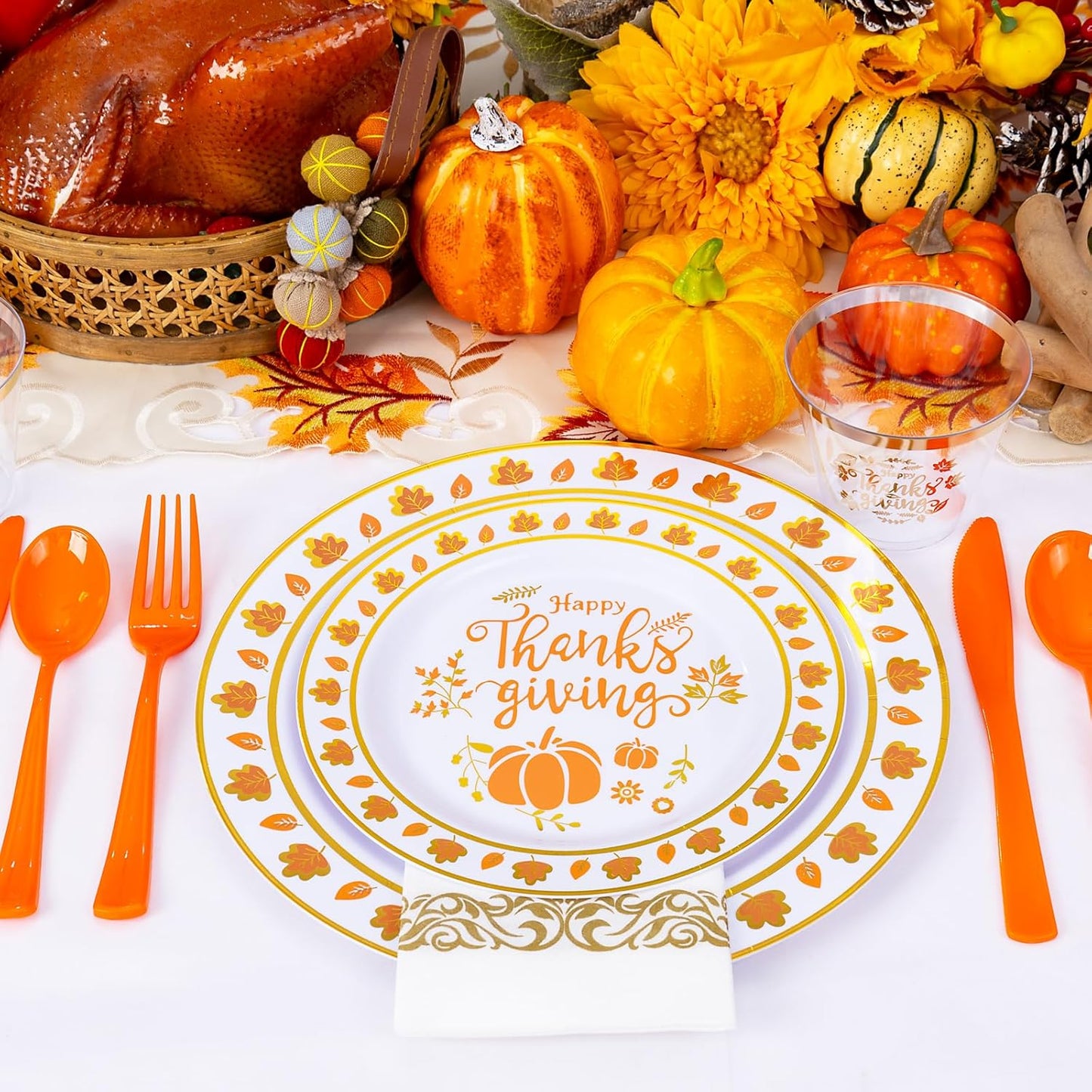 Supernal 175pcs Thanksgiving Dinnerware Set Gold Plastic Dinnerware Set Include Disposable Utensils,Gold Plastic Cups and Napkin,Disposable Dinner Plate and Dessert Plste Set for Thanksgiving