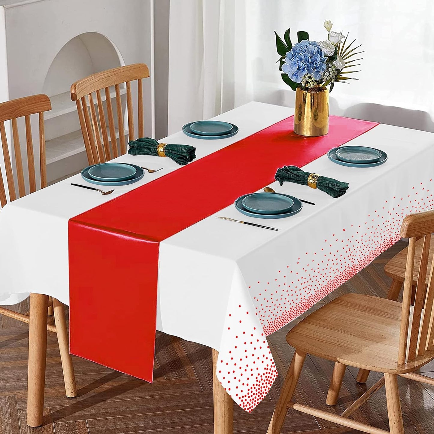 8Pack Disposable Plastic Tablecloths and Satin Table Runner Set White and Red Dot Tablecloth Red Satin Table Runner for Wedding Birthday Baby Shower Anniversary Christmas New Year Party Supplies
