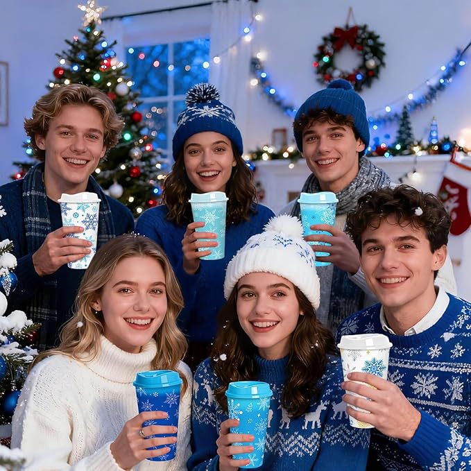 Jansun 12pcs Christmas Winter Snowflake Color Changing Cups with Lids, 16Oz Reusable Plastic Coffee Cups for Holiday Birthday Party Favors Supplies
