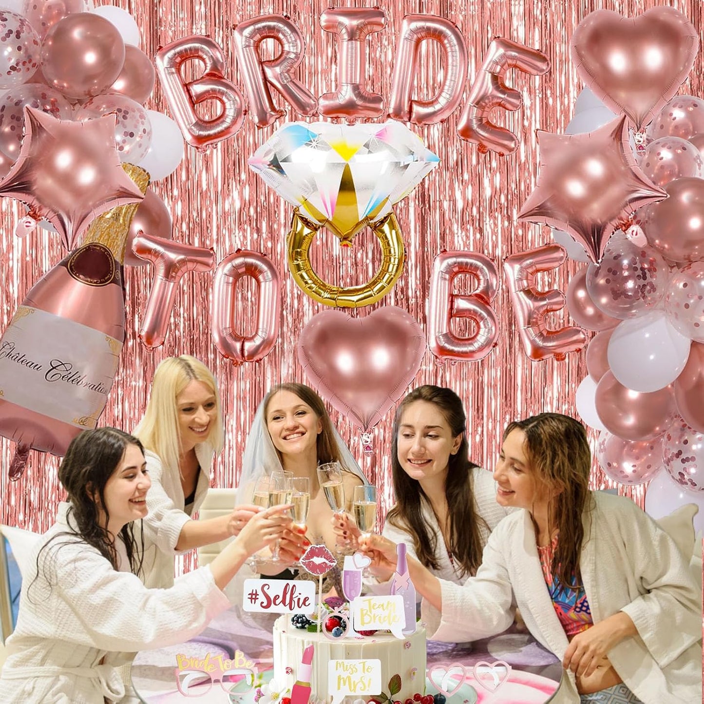 Bachelorette Party Decorations, Rose Gold Bride To Be Decorations with Bride Balloons, Sash, Veil, Tinsel Backdrop for Bridal Shower Decor