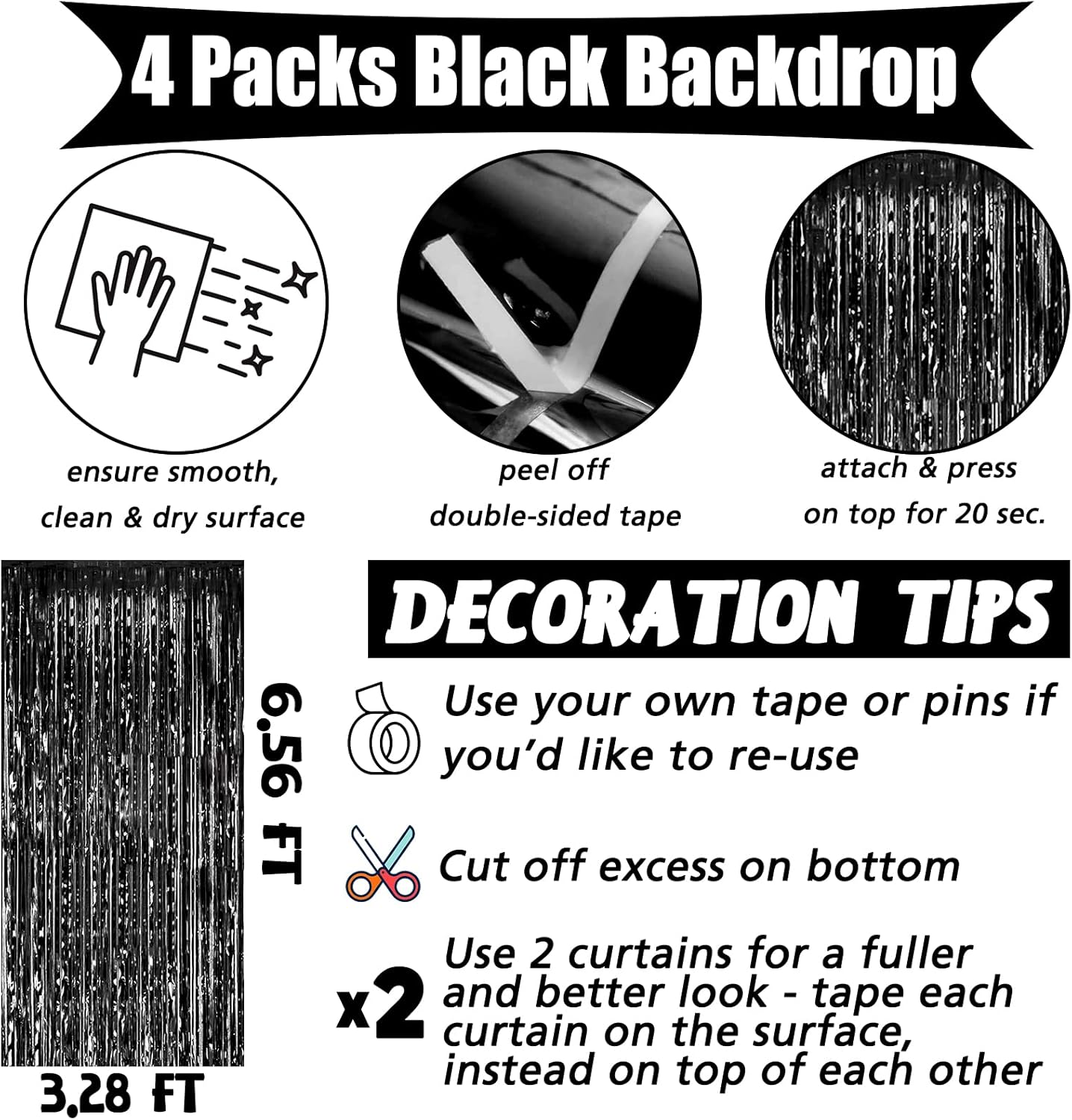 4 Pack Black Fringe Curtain Backdrop, 3.2Ft x 6.6Ft Metallic Tinsel Foil Fringe Streamers Background for Photo Booth Birthday Wedding Baby Shower Carnival Easter Mother’s Day Party Decorations