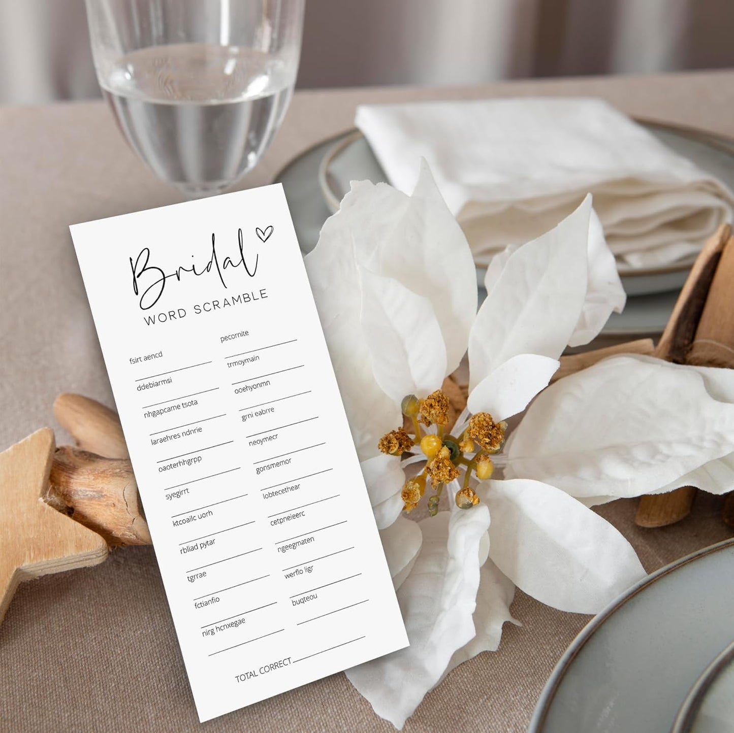 Bridal Shower Games, Word Scramble, 25Pcs 4x9inch Minimalist White Double-Sided Bridal Game Cards with 1 Answer Key, Wedding Shower Games for Guests, Engagement Bachelorette Party Supplies - A01