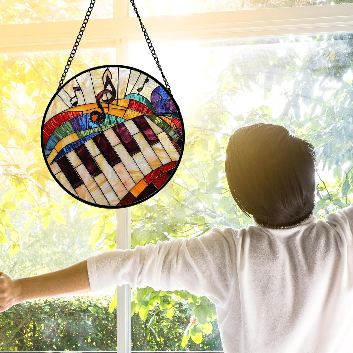 Stained Glass Window Hanging, Piano Notes Sun Catchers Glass Panel Suncatcher Decor for Birthday for Women, Men, Wife, Aunt, and Mom 6.3 in