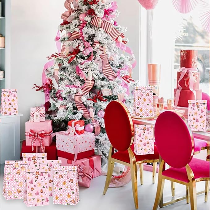 Inshinern 12 Pcs Pink Christmas Tree Party Favor Bags Small Christmas Gift Bags with Stickers Snowman Candy Cane Bag for Gingerbread Man Theme Birthday Baby Shower Decorations, Xmas Party Supplies