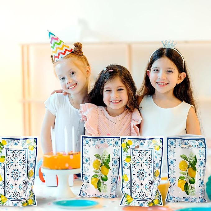 3sscha 50Pcs Capri Lemon Party Favor Bag Blue Tiles Yellow Lemon Plastic Waterproof Goodie Bag Citrus Fruit Rectangular Gift Bags for Kids Birthday Baby Shower Decoration Party Favor Supplies