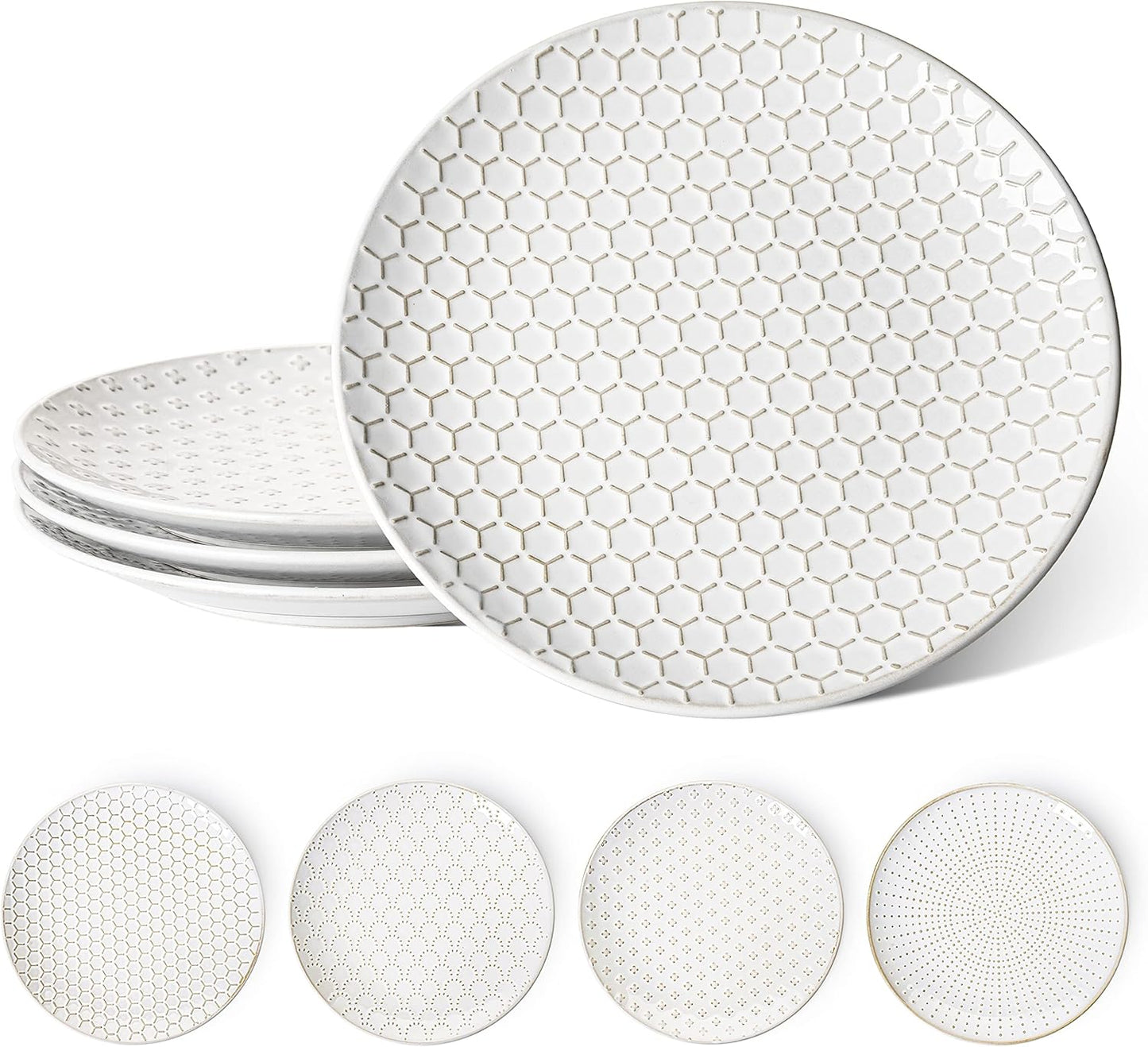 LE TAUCI Dinner Plates 10 Inch, Ceramic Dish Set for Kitchen, Embossed Serving Dish, Microwave Oven Dishwasher Safe, For Housewarming or Wedding - Set of 4, Arctic white