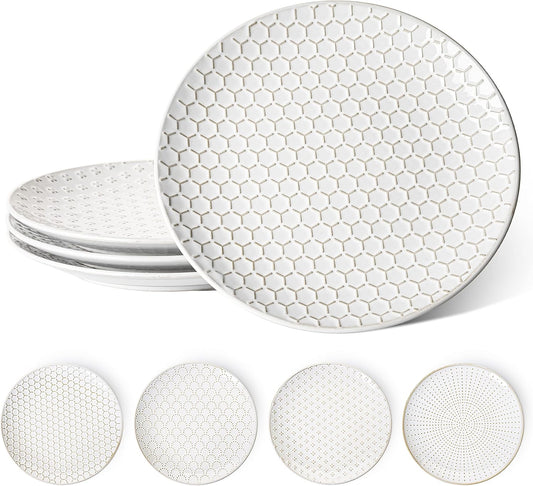 LE TAUCI Dinner Plates 10 Inch, Ceramic Dish Set for Kitchen, Embossed Serving Dish, Microwave Oven Dishwasher Safe, For Housewarming or Wedding - Set of 4, Arctic white