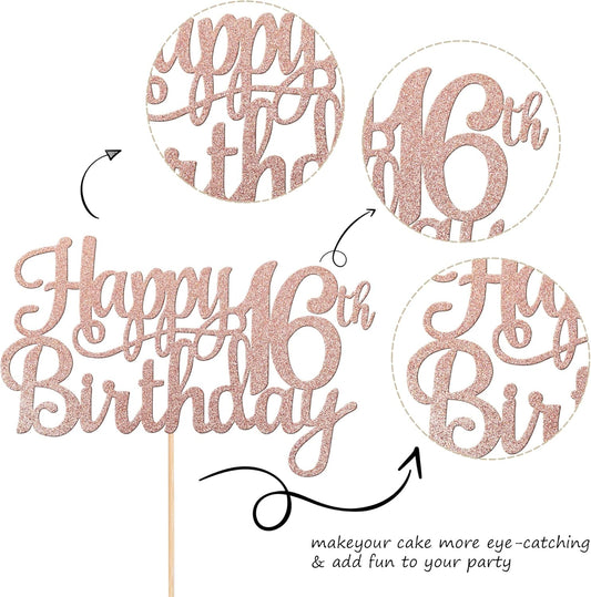 1 PCS Happy 16th Birthday Cake Topper Glitter Cheers to 16 Years Birthday Cake Pick Sweet 16 Fabulous Cake Decoration for Happy 16th Birthday Theme Party Decorations Supplies Rose Gold
