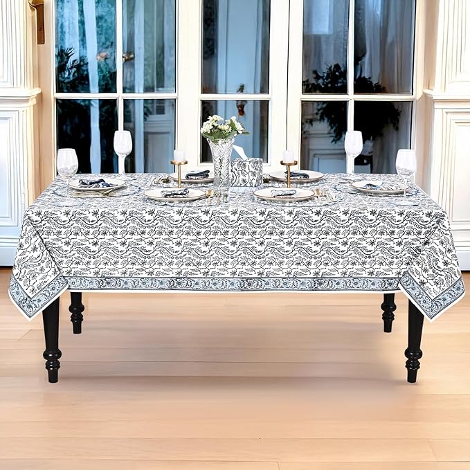 Ridhi Hand Block Print Baby Blue Eyes Rectangle Cotton Tablecloth 118" x 70" Reusable Table Cover Decorative Everyday Use for Dining, Farmhouse, Home Gift for Spring, Easter, Valentine