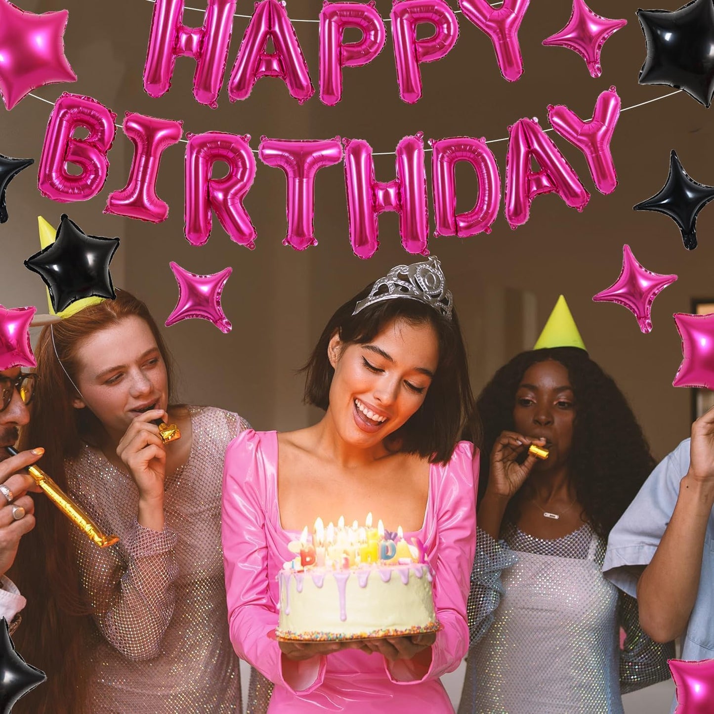 TONIFUL 35PCS 16 Inch Hot Pink Happy Birthday Balloon with Star Balloons,Hot Pink Happy Birthday Balloons Decorations for Girls Boys Kids Men Women Adults Birthday Party Decorations Supplies