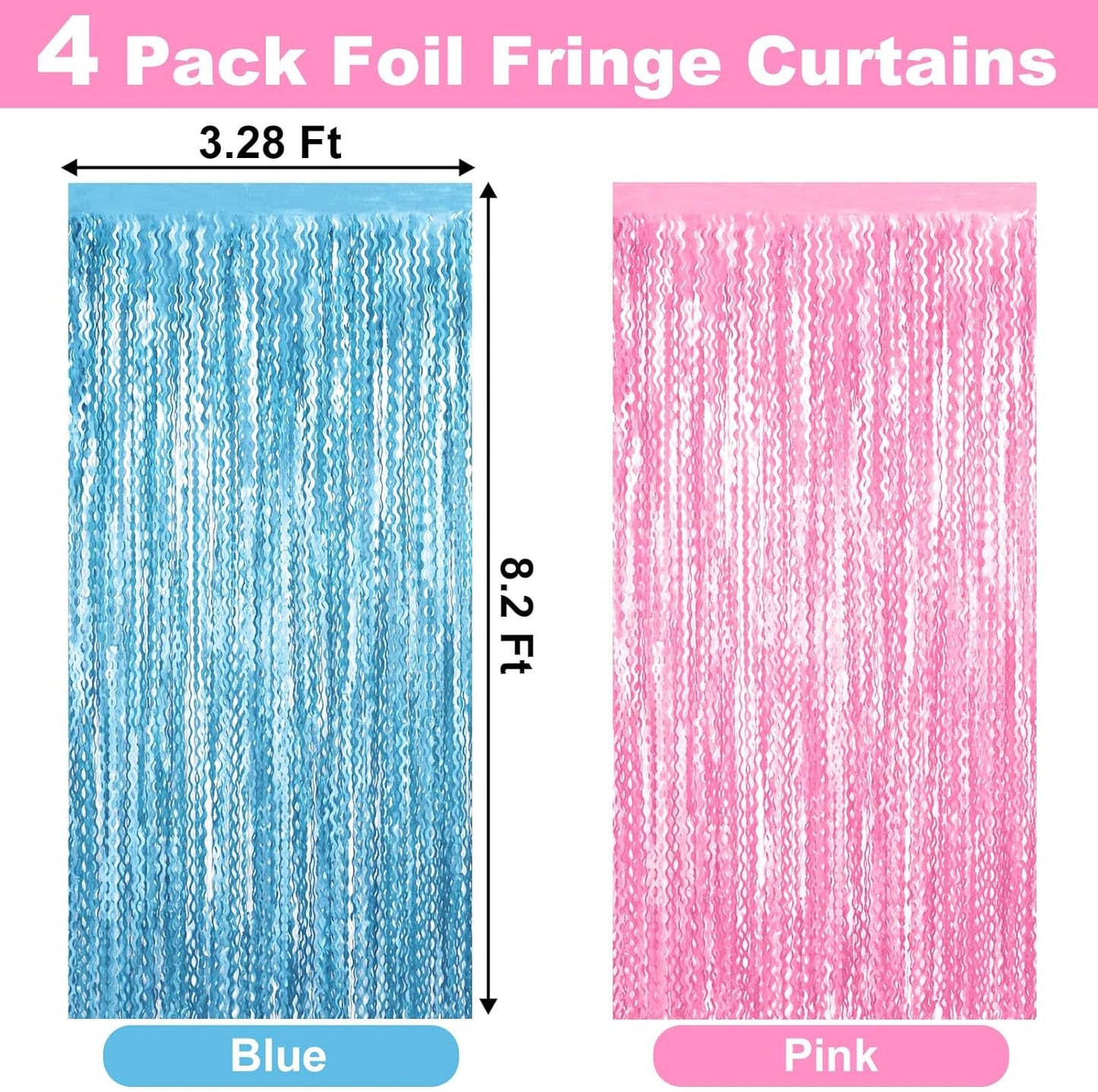 4 Pack Macaron Pink Blue Fringe Curtain Backdrop 3.2Ft x 8.2Ft Metallic Tinsel Foil Fringe Streamers Background for Photo Booth Mother's Day, Easter, Carnival, Birthday, Wedding Party Decoration