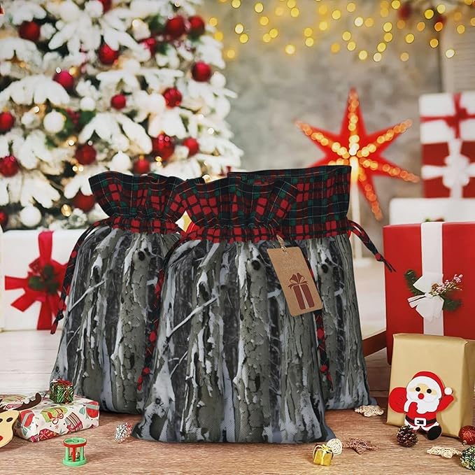 PULaif Cold Tree Camouflage Christmas Drawstring Gift Bags, Large Size Christmas Bags For Gifts Party Favors, Xmas Gift Bags