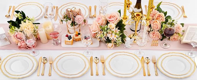 Hioasis 60pcs Gold Plastic Plates - White and Gold Disposable Dinnerware with Gold Rim, Heavy-duty, 7 inch, Dessert Plates for Party & Thanksgiving