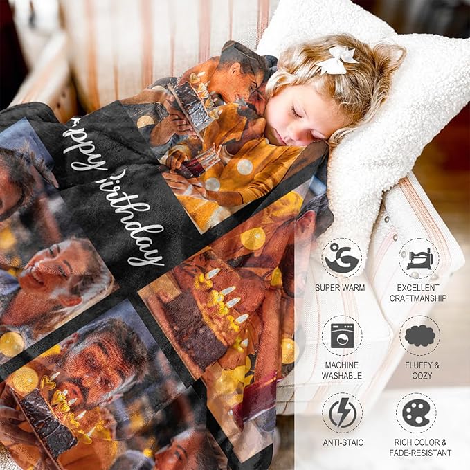 Ships Next Day Custom Blanket with Picture Text Personalized Throw Blanket Photo Collage Blankets Customized Birthday Gifts for Couple Girlfriend Boyfriend Family Kids Friends Pet