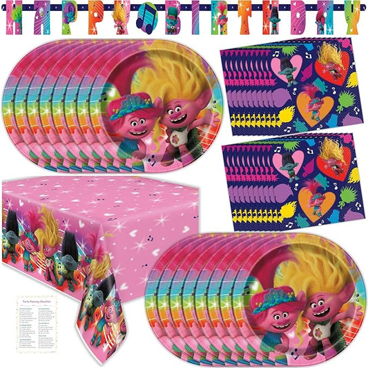 Trolls Birthday Party Decorations for 16 - Bundle with Trolls Plates and Napkins, Tablecloth, Banner, Checklist - Party Supplies - Officially Licensed