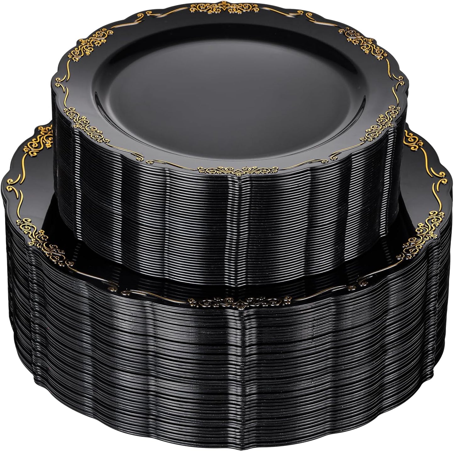 U-QE 100PCS Black Gold Plastic Plates - Heavy Duty Halloween Disposable Plates Including 50PCS 10'' Dinner & 50PCS 7.5'' Dessert Plates - Hard Plastic Plate for Halloween & Party & Wedding