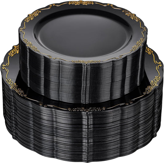U-QE 100PCS Black Gold Plastic Plates - Heavy Duty Halloween Disposable Plates Including 50PCS 10'' Dinner & 50PCS 7.5'' Dessert Plates - Hard Plastic Plate for Halloween & Party & Wedding