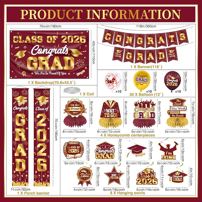 Graduation Decorations Class of 2026 Maroon and Gold Graduation Party Decor Set include Congrats Grad Banner Backdrop Class of 2026 Balloons Party Supplies