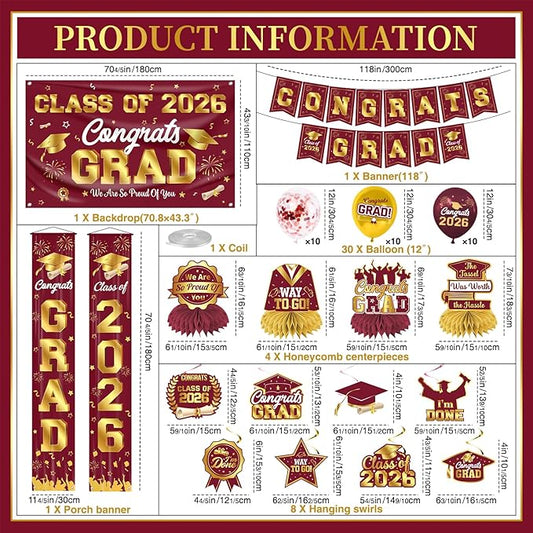 Graduation Decorations Class of 2026 Maroon and Gold Graduation Party Decor Set include Congrats Grad Banner Backdrop Class of 2026 Balloons Party Supplies
