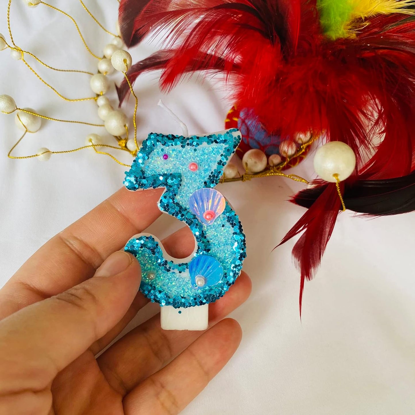 Blue Number Candle,Shell Sequins Number Candles for Birthday Cakes Mermaid Themed Party Supplies Number 3 Candle