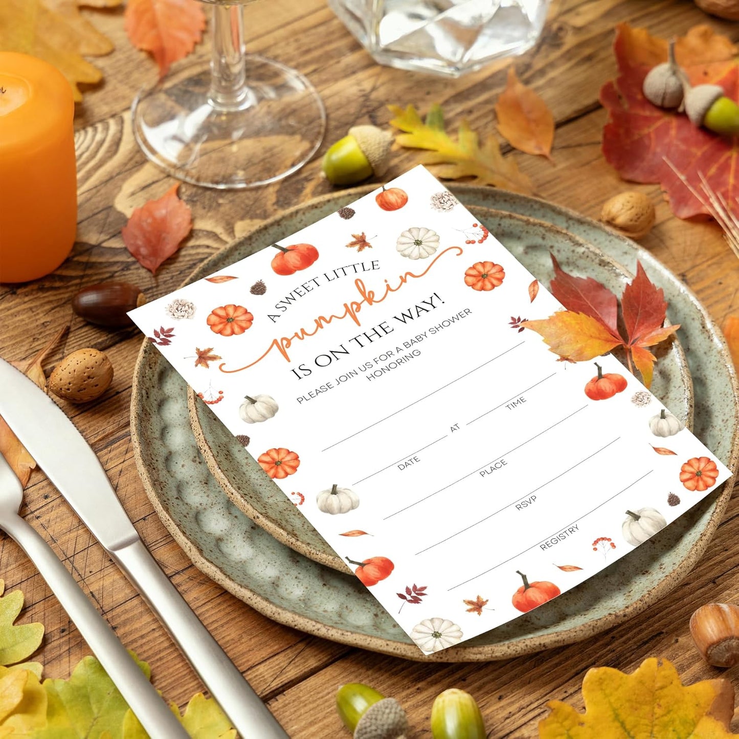 Fall Pumpkin Baby Shower Invitations - “A Sweet Little Pumpkin Is On The Way” Design with Envelopes And RSVP Cards - 20Pcs Fill In Baby Shower Party Cards(4 x 6 Inch) (044)