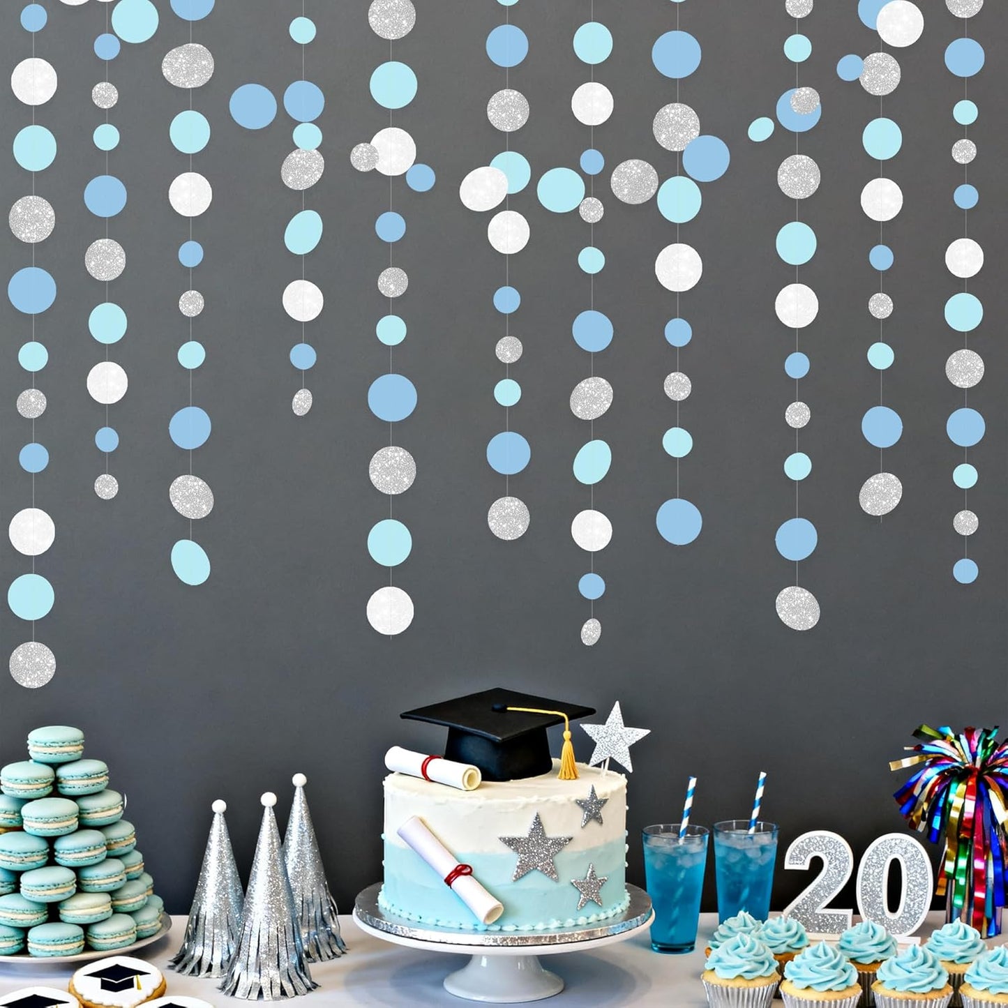 Dusty Blue Silver White Polka Dots Garland Hanging Paper Circle Dot Streamer for Nautical Baby Shower Birthday Wedding Engagement Bridal Shower Retirement Graduation Hen Party Decorations Supplies