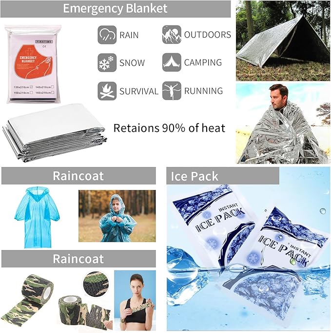145 Pieces Emergency Survival First Aid Kit with Splint for Trauma Wound Care Blow Out for Camping Outdoor Earthquake and Adventures, Black