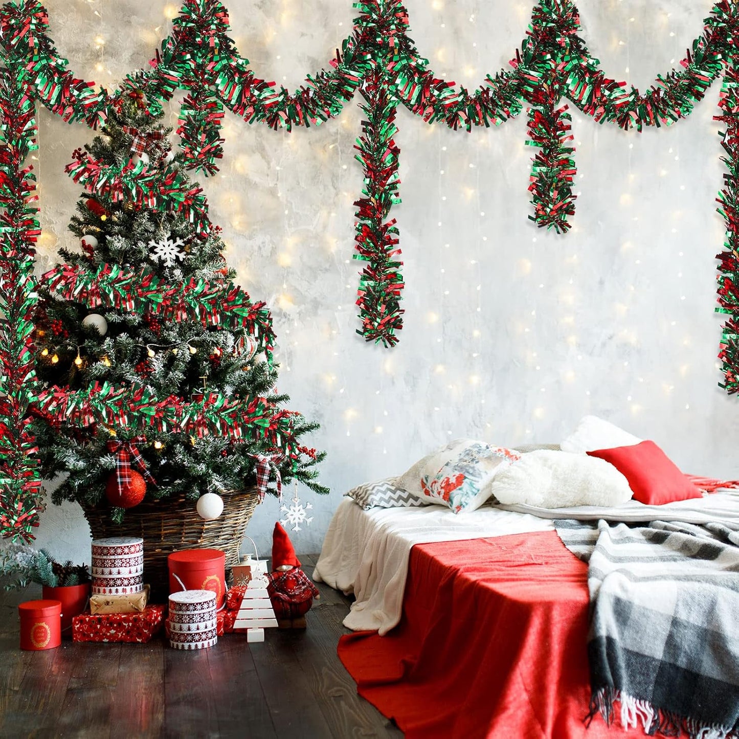 Sosation 100 ft Christmas Tinsel Garland Christmas Tree Twist Garland Bulk Glitter Metallic Streamer Indoor Outdoor Hanging Xmas Decorations(Red Green)