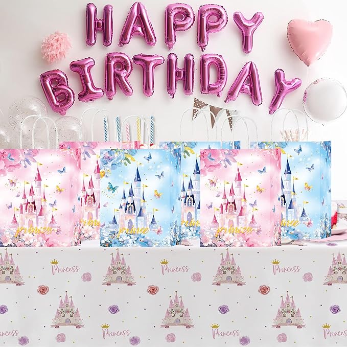 W WINTMING 20Pcs Princess Prince Party Favor Bag Blue Pink Castle Goodie Bag with Handles Butterfly Bag for Baby Shower Birthday Gender Reveal Party (Blue-castle)