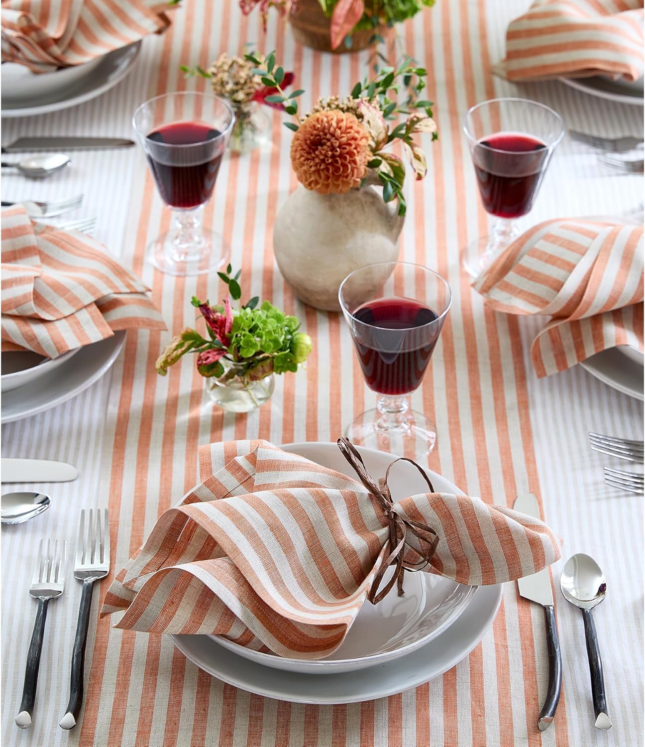 Solino Home Table Runner 144 Inches Long - Amalfi Stripe, 100% Pure Linen Pumpkin and Natural Table Runner 14 x 144 Inch for Dining, Fall, Autumn, Halloween, Thanksgiving