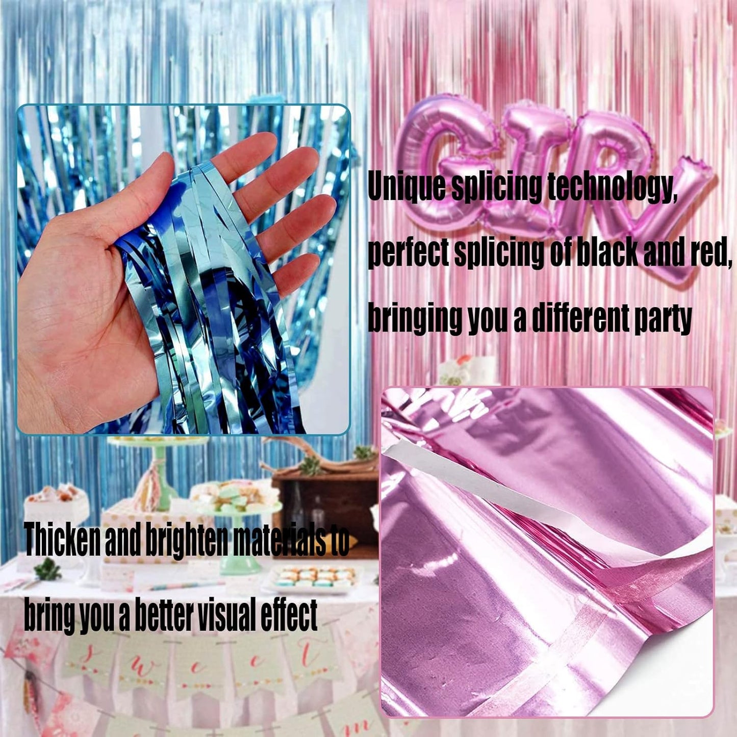 4 Pack Pink Blue Foil Fringe Curtain Backdrop, 3.28Ft x 9.8Ft Metallic Tinsel Foil Fringe Streamers Curtains for Photo Booth, Wedding Birthday Baby Shower Gender Reveal Boy or Girl Party Decoration