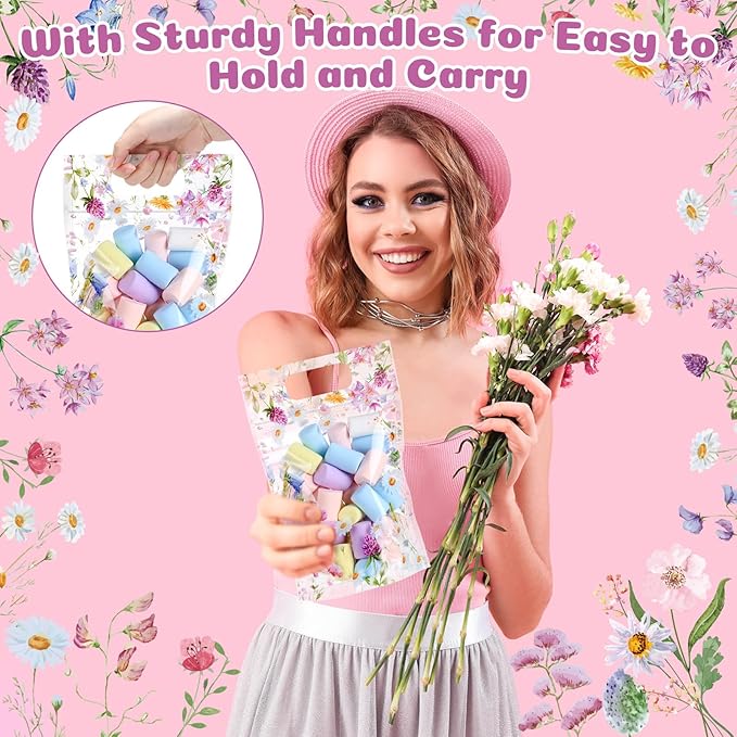 Blosssound 50 Pcs Wildflower Plastic Bags Clear Floral Baby Shower Favor Bags with Handles Flower Theme Sealed Pouches for Wedding Birthday Party Candy Guests Gift Wrapping Supplies Decor (Wildflower)