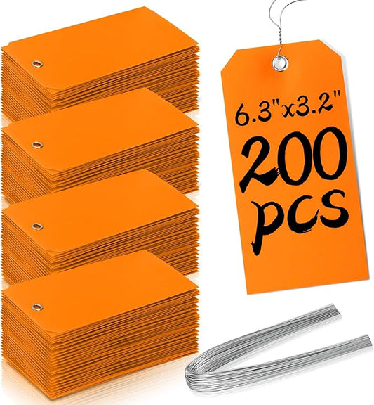 200 Pcs 6 1/4 x 3 1/8 Neon Color Marking Tags with Wire Metal Wire Tags Write On Waterproof Shipping Tags with Wires Blank Tags with String Heavy Duty Tags for Equipment Car Parts Inventory (Orange)