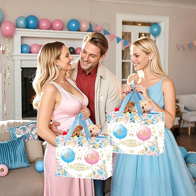 Gender Reveal Gift Bag Blue Pink Boy or Girl Paper Bag with Wrapping Paper Card What Will Baby Be Party Decoration Ballon Treat Candy Bag for Baby Shower Gender Reveal Birthday Party Supplies