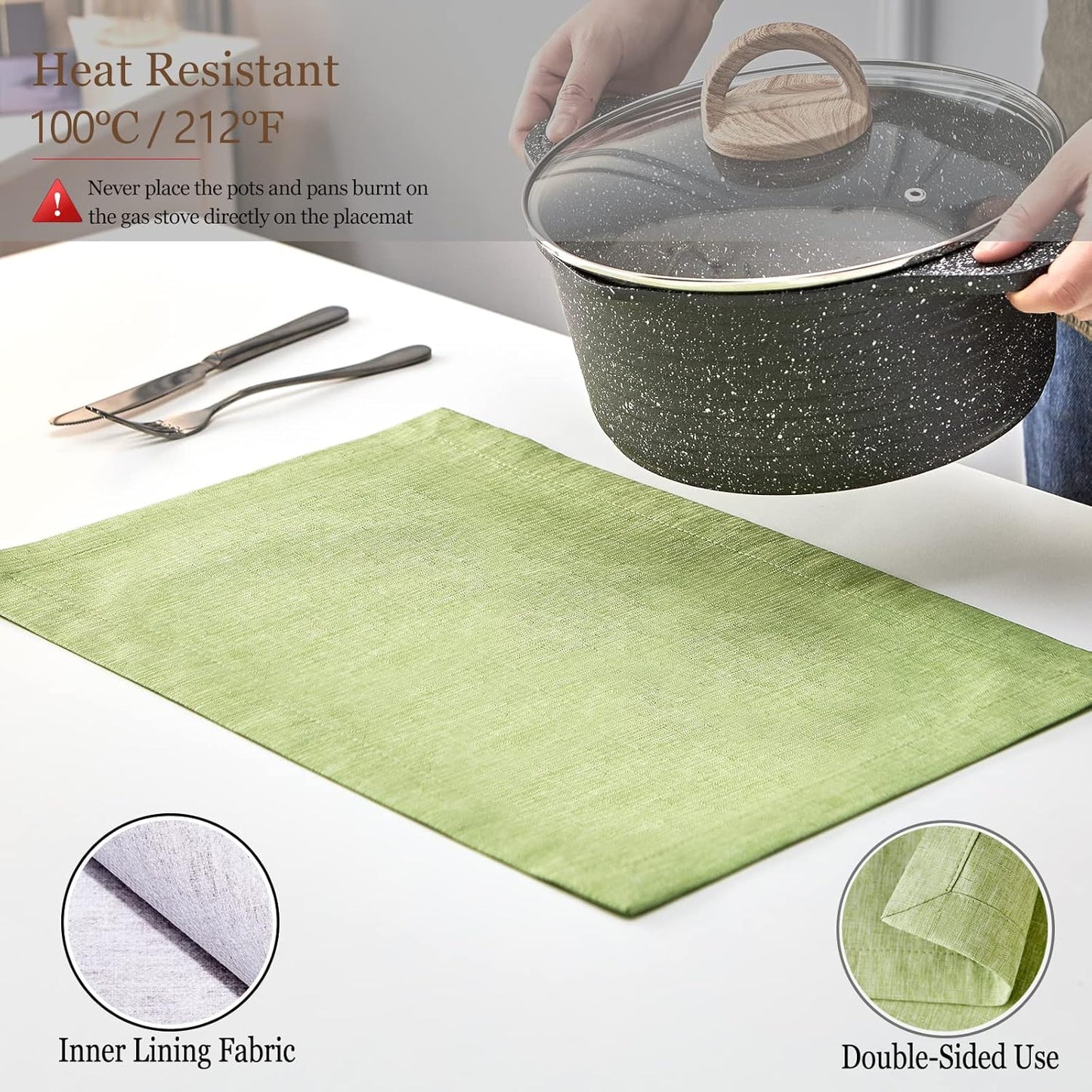 Mebakuk Cloth Placemats, Machine Washable Linen Style Thick Place Mats, Heat Resistant and Easy to Clean Fabric Table Mats for Kitchen Dining Table (Mint Green, Set of 6)