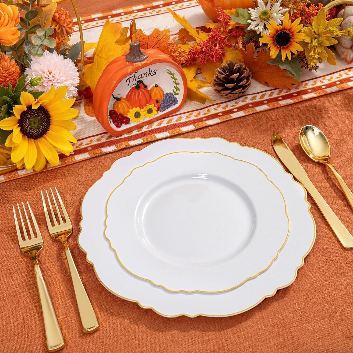 WDF 60pcs White and Gold Plastic Plates - Baroque White With Gold of 30 Heavy Duty Gold dinner plates 10.25inch, 30 Salad Plates 7.5inch Perfect for Thanksgiving Weddings/Party/Birthday