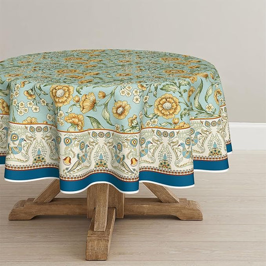 Horaldaily Floral Bordered French Tablecloth 90×90 Inch Round, Bird Floral Vintage Washable Seasonal Table Cover for Party Picnic Dinner Decor