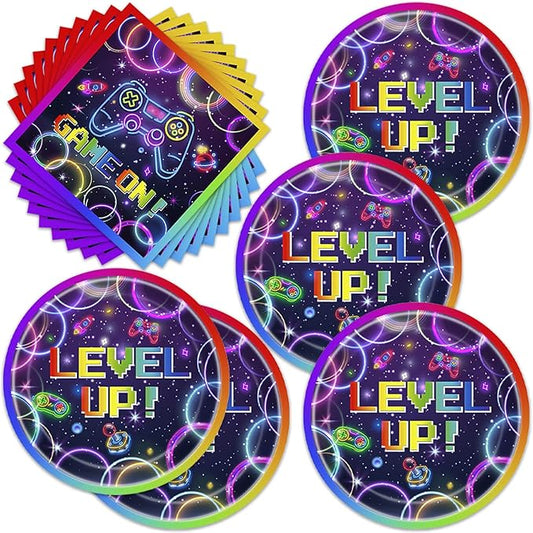 40pcs Video Game Party Supplies Video Game Plates and Napkins for Kids Boys Girls Neon Video Game On Birthday Party Favors Supplies