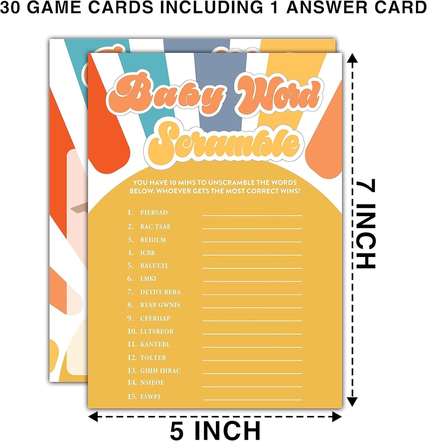 YSTEP Boho Sunshine Baby Shower Games for Boy, 30 Baby Word Scramble Game Cards with 1 Answer Card, Gender Reveal Party Supplies Favors (5"x7") -A01