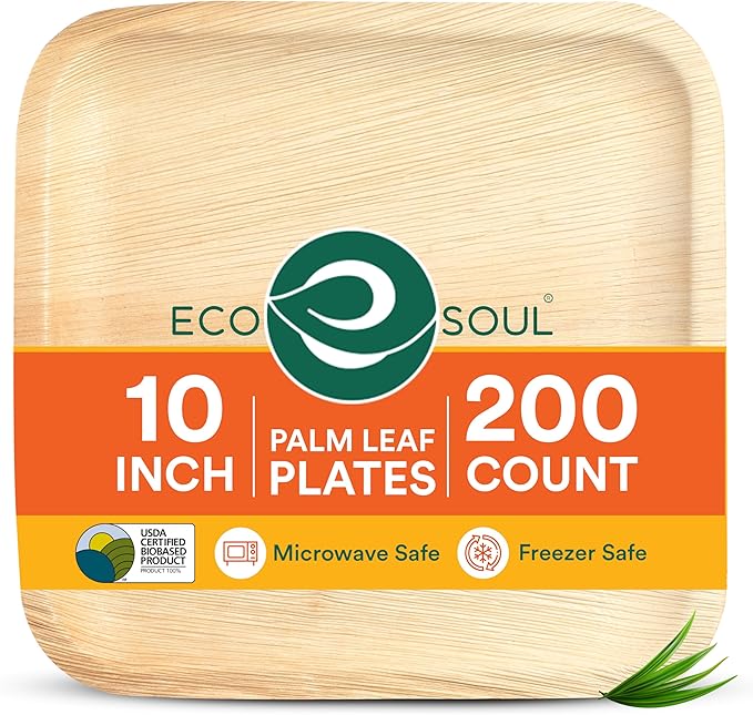 ECO SOUL 10 Inch Disposable Palm Leaf Plates [200 Pack] Premium Food-Safe Heavy Duty Compostable Bamboo Paper Plates for Lunch, Dinner, Birthday, Weddings, Party, Camping & Catering Events [Square]