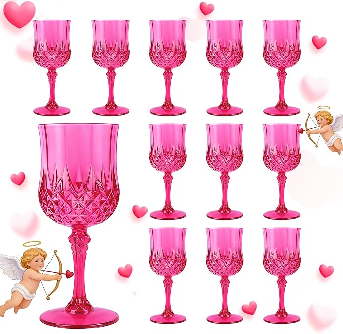 Plastic Wine Glasses, Plastic Goblets Vintage Style Cordial Unbreakable Drinking Glasses, Reusable Drinkware for Wedding Reception, Grand Event Party Supplies, Easter (12, Hot Pink)