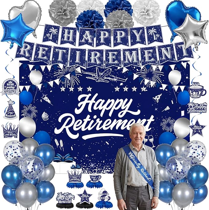 Retirement Party Decorations, Blue Silver Happy Retirement Decorations for Women Men Happy Banner & Backdrop Hanging Swirls Foil Balloon Retire Sash Paper PomPoms and Honeycomb Centerpieces