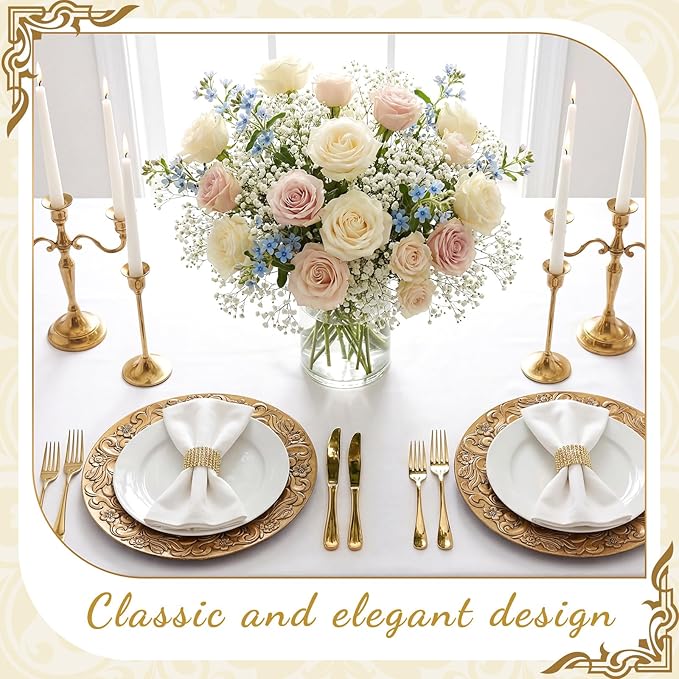 12 Pcs Antique Gold Charger Plates Bulk 13 Inch Embossed Rim Plastic Round Decorative Plates Charger for Dinner Wedding Party Event Table Setting Decoration (Wave-and-floral Frame)